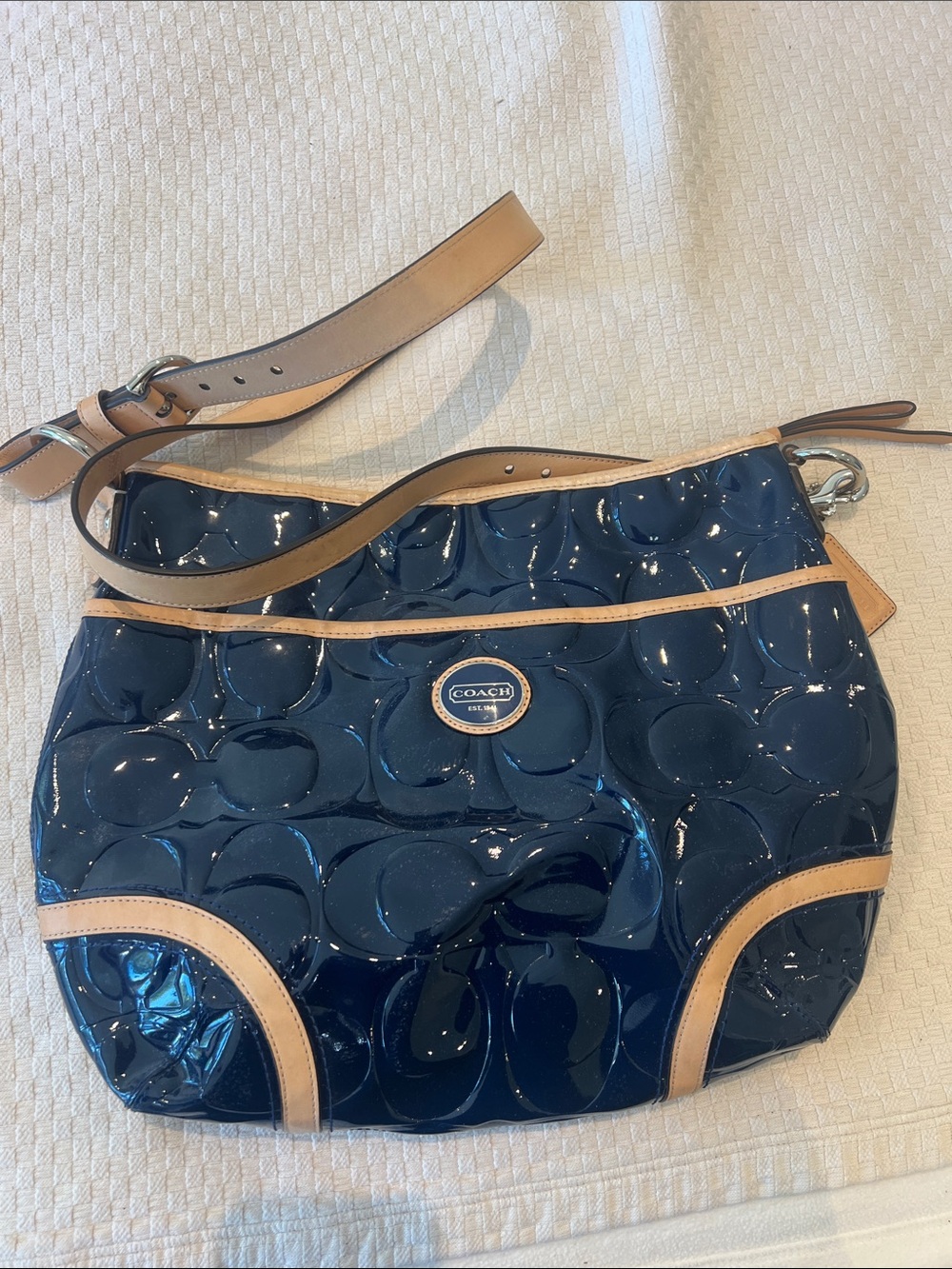 Coach Navy Patent Shoulder Bag with Natural Trim